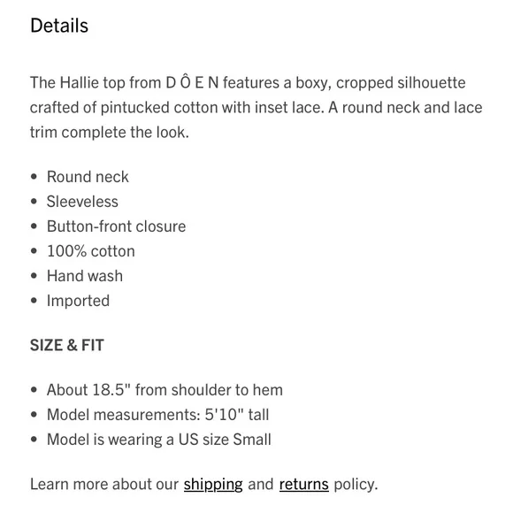 Doen Hallie Cotton Lace Ruffle Button Sleeveless Crop Blouse Top Salt White - Picture 11 of 11